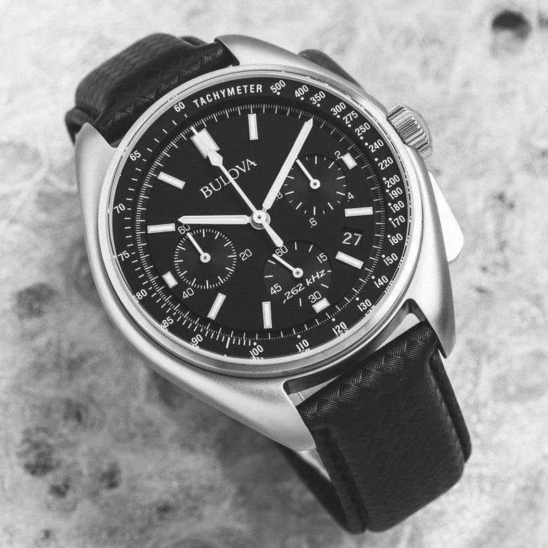 Bulova Lunar Pilot Chronograph 45mm with Black Dial and Leather Strap #96B251 lifestyle