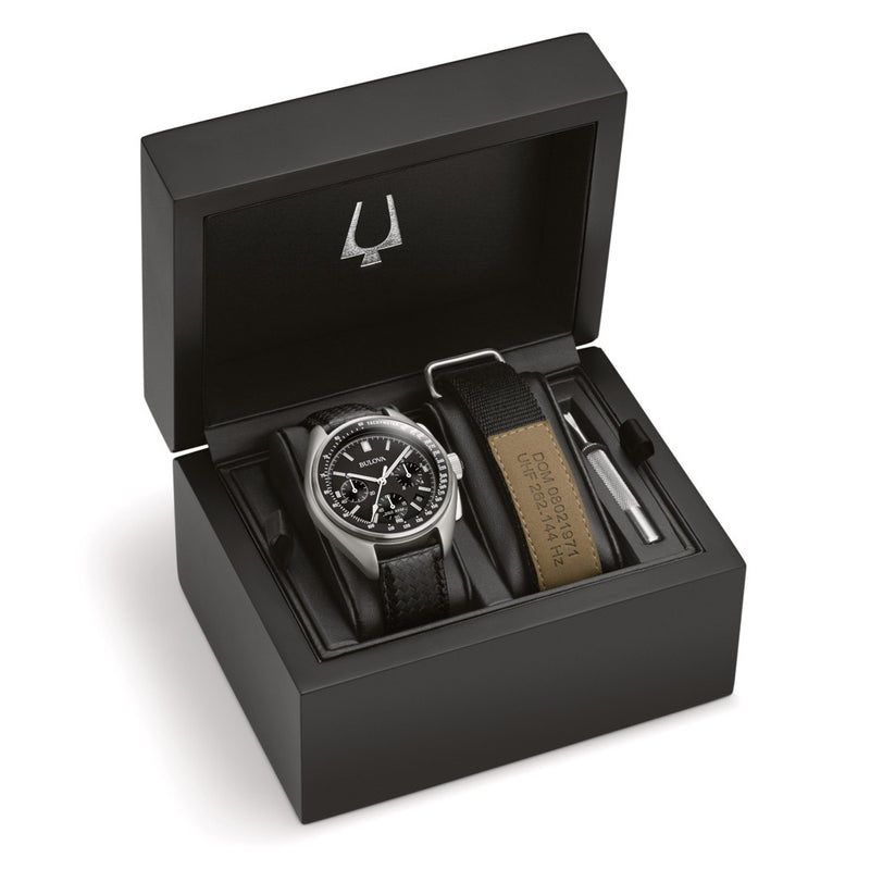 Bulova Lunar Pilot Chronograph 45mm with Black Dial and Leather Strap #96B251 box
