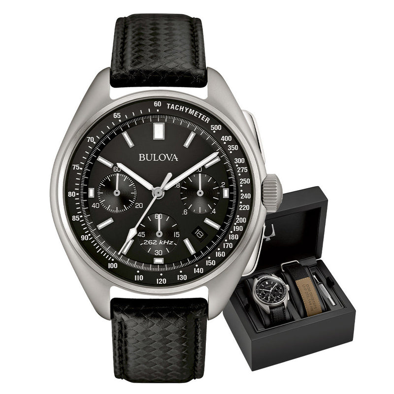 Bulova Lunar Pilot Chronograph 45mm with Black Dial and Leather Strap #96B251 all