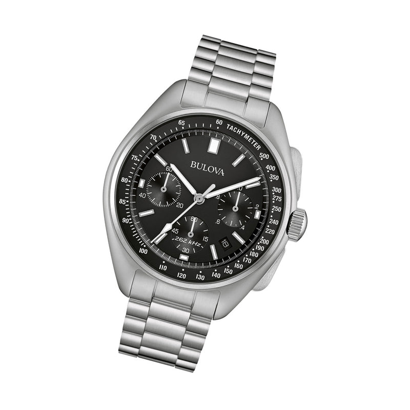 Bulova Lunar Pilot Chronograph 45mm with Black Dial and Stainless Steel Bracelet #96B258 tilt