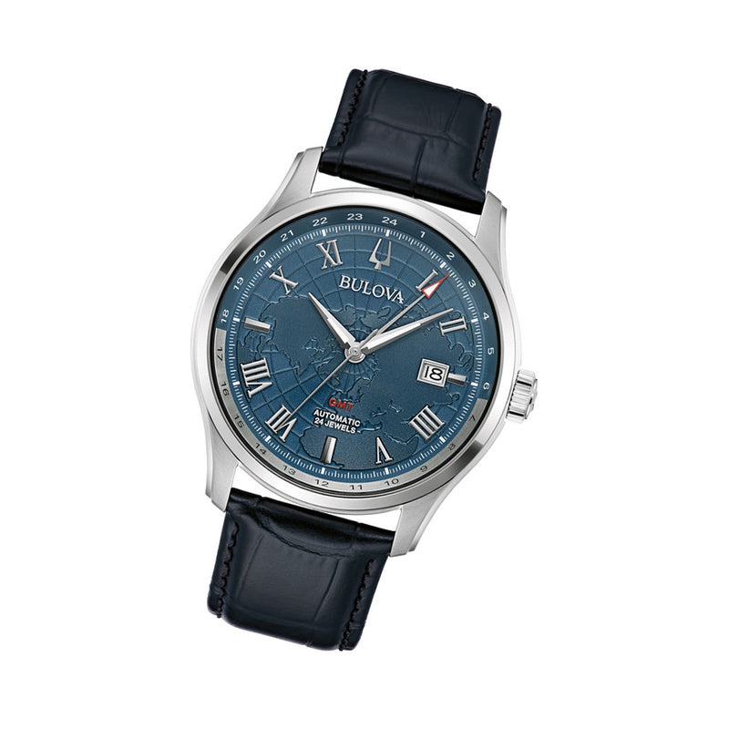 Bulova Wilton Automatic Traveller GMT with World Blue Dial #96B385 tilt