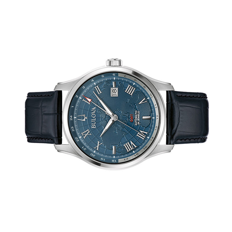 Bulova Wilton Automatic Traveller GMT with World Blue Dial #96B385 side