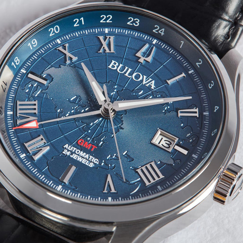 Bulova Wilton Automatic Traveller GMT with World Blue Dial #96B385 lifestyle
