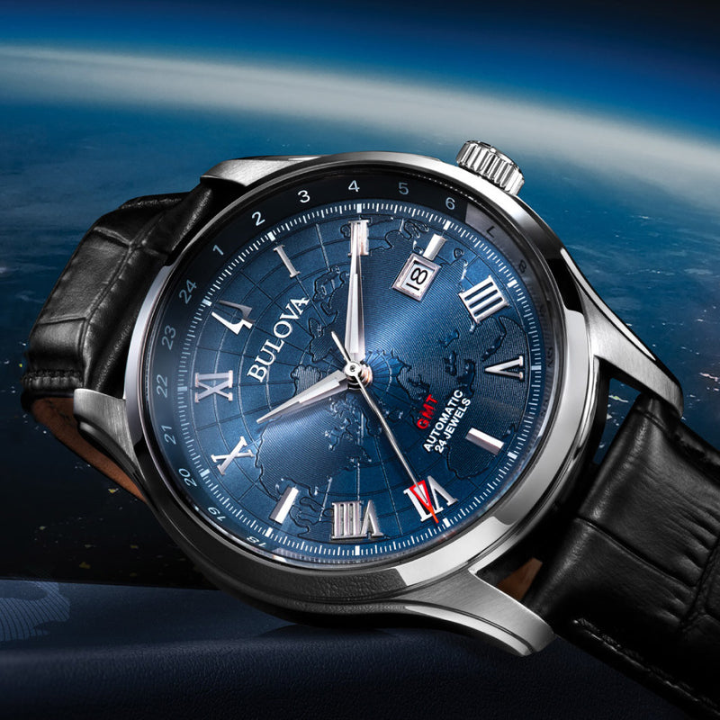 Bulova Wilton Automatic Traveller GMT with World Blue Dial #96B385 lifestyle