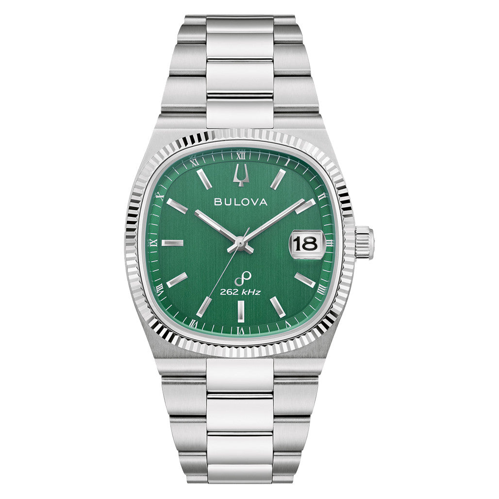 49【稼働品】BULOVA デイデイト メンズ腕時計 ラインストーン Y2K Bulova Super Seville Day Watch with Green Dial #96B439 — Long