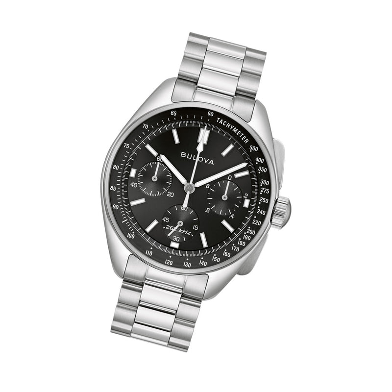 Bulova Lunar Pilot Chronograph 43.5mm with Black Dial and Stainless Steel Bracelet #96K111 tilt