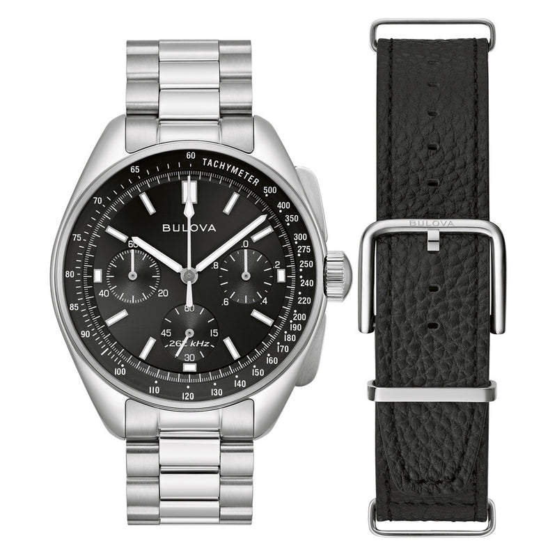 Bulova Lunar Pilot Chronograph 43.5mm with Black Dial and Stainless Steel Bracelet #96K111 both
