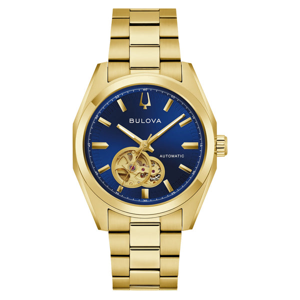 Bulova Gold-Tone Surveyor Open Heart with Blue Dial #97A203