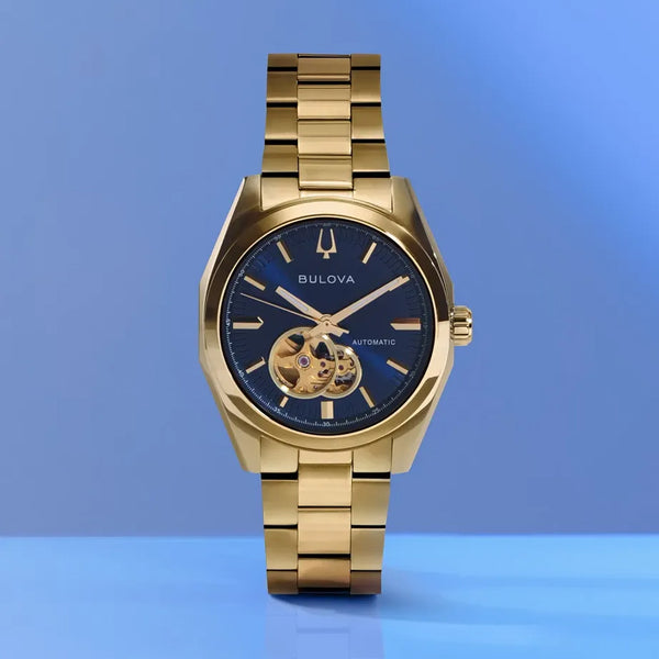 Bulova Gold-Tone Surveyor Open Heart with Blue Dial #97A203