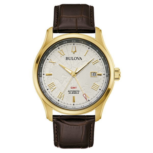 Bulova Wilton Automatic Traveller GMT with Gold-tone Case and Silver Dial #97B210 zoom