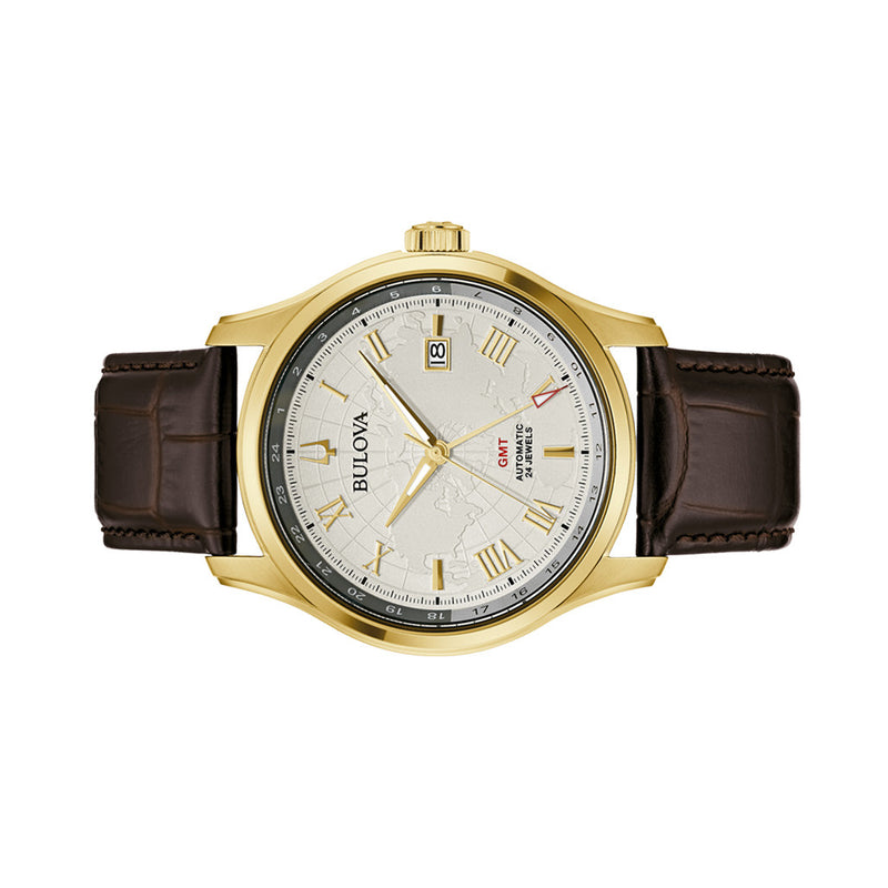 Bulova Wilton Automatic Traveller GMT with Gold-tone Case and Silver Dial #97B210 side