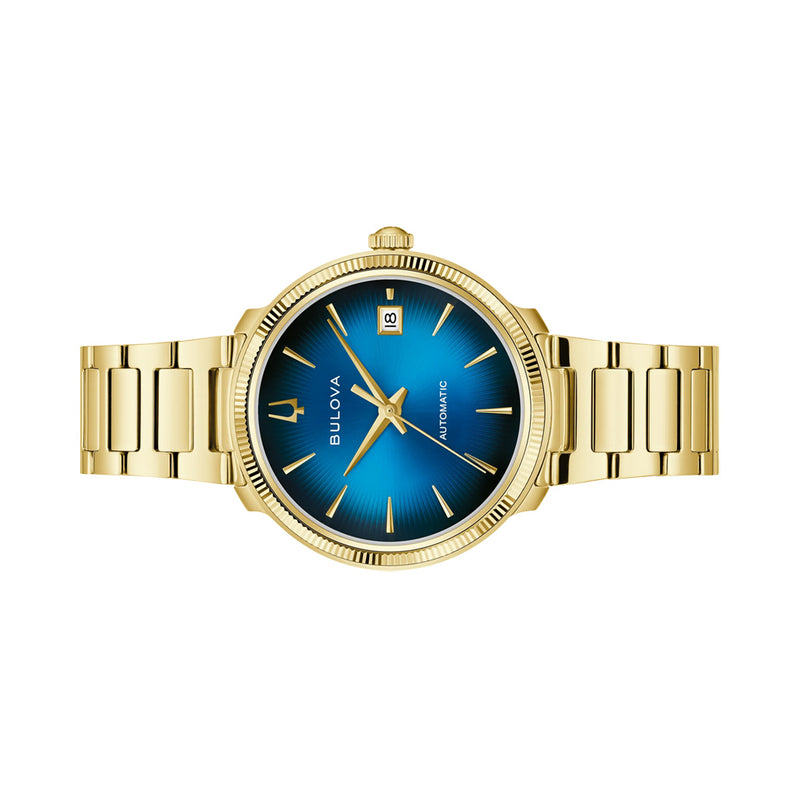 Bulova Disco Goldtone Automatic Watch with Blue Dial #97B247
