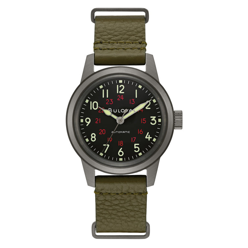Bulova Hack Automatic Field Watch with 38mm Gun Metal Case and Black Dial #98A255 zoom