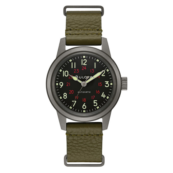 Bulova Hack Automatic Field Watch with 38mm Gun Metal Case and Black Dial #98A255 zoom