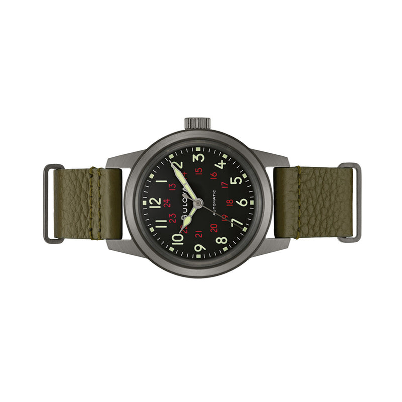 Bulova Hack Automatic Field Watch with 38mm Gun Metal Case and Black Dial #98A255 side