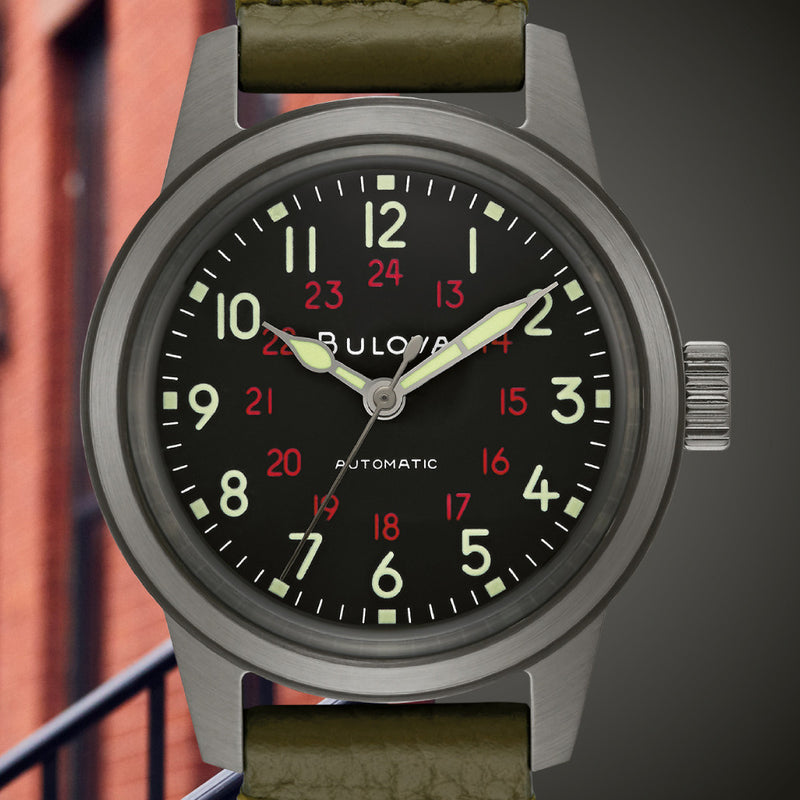 Bulova Hack Automatic Field Watch with 38mm Gun Metal Case and Black Dial #98A255 lifestyle