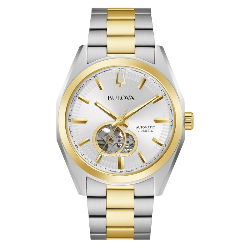 Bulova Surveyor Automatic Watch with Two-Tone Case and Open Heart Silver Dial #98A284 zoom