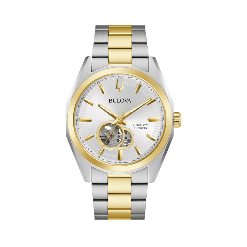 Bulova Surveyor Automatic Watch with Two-Tone Case and Open Heart Silver Dial #98A284