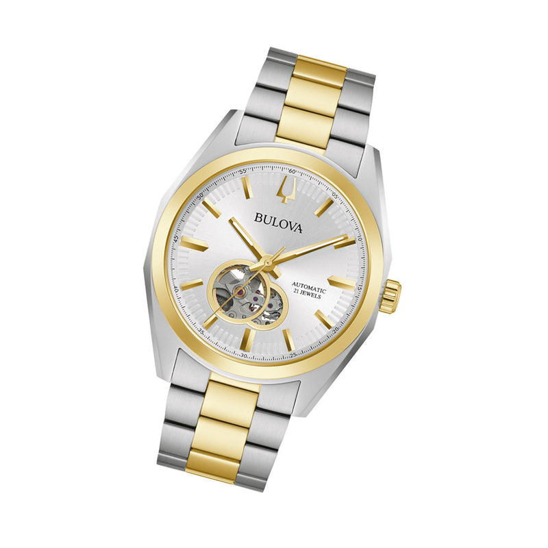 Bulova Surveyor Automatic Watch with Two-Tone Case and Open Heart Silver Dial #98A284 tilt