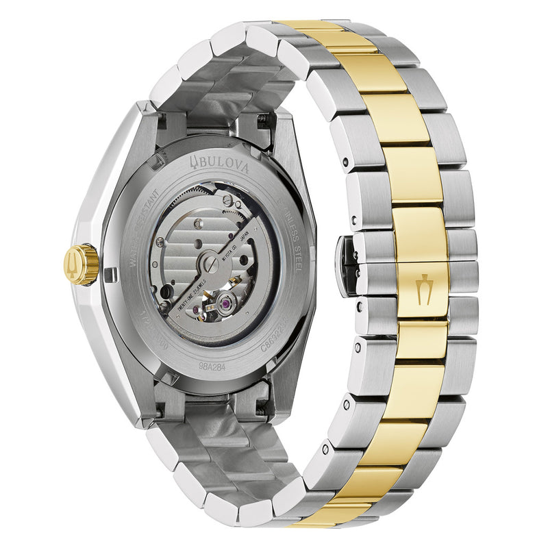 Bulova Surveyor Automatic Watch with Two-Tone Case and Open Heart Silver Dial #98A284 back