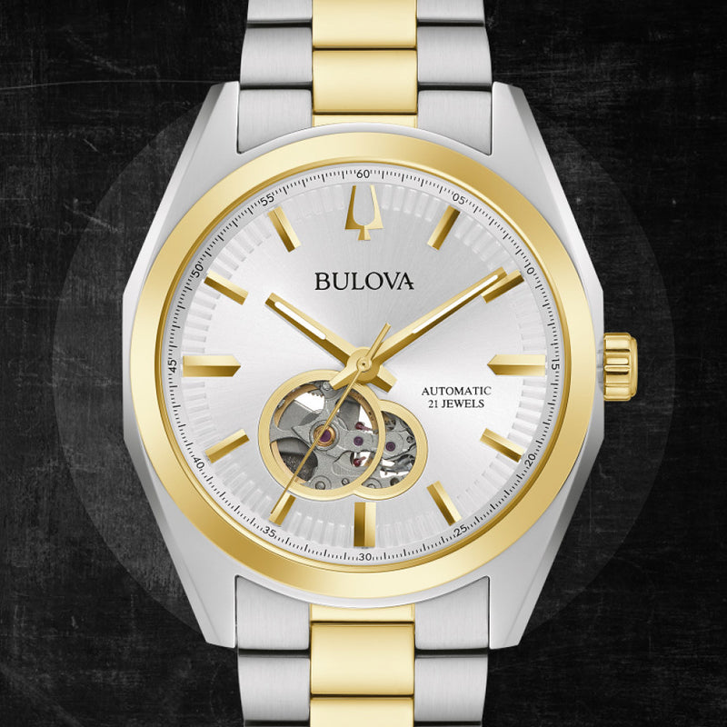 Bulova Surveyor Automatic Watch with Two-Tone Case and Open Heart Silver Dial #98A284 lifestyle