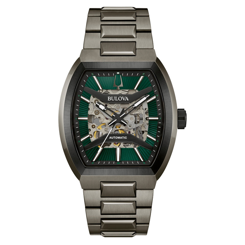 Bulova Maquina Gun Metal Green Dial Skeleton #98A321