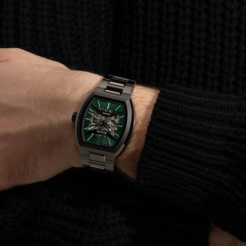 Bulova Maquina Gun Metal Green Dial Skeleton #98A321