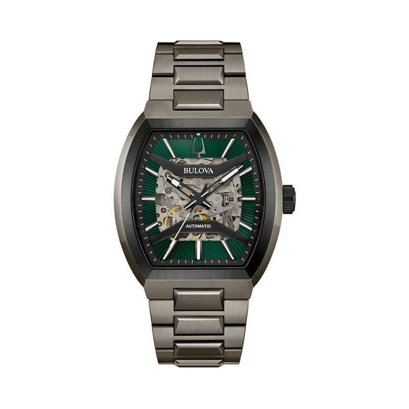 Bulova Maquina Gun Metal Green Dial Skeleton #98A321