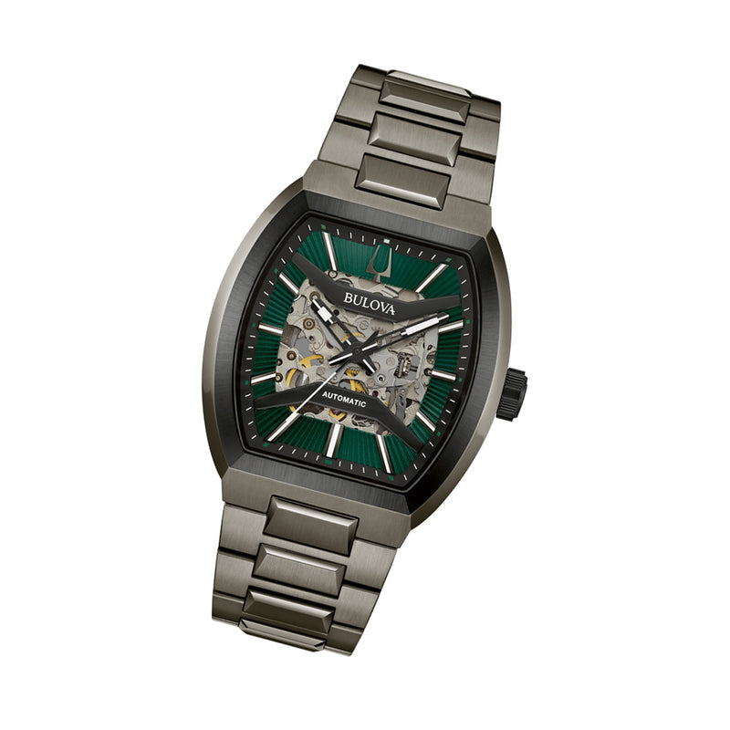 Bulova Maquina Gun Metal Green Dial Skeleton #98A321