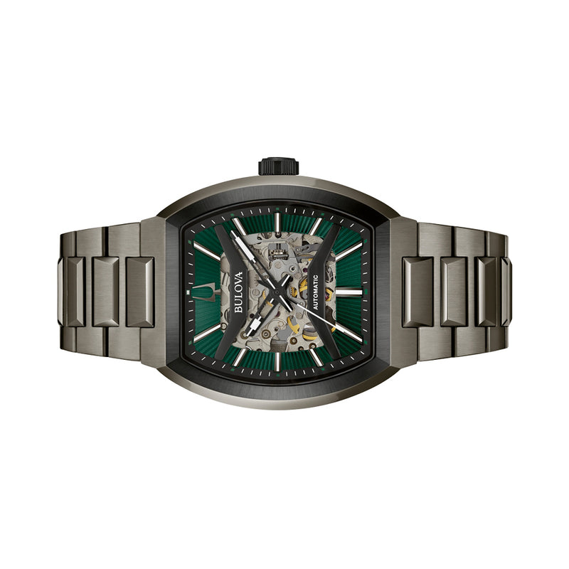 Bulova Maquina Gun Metal Green Dial Skeleton #98A321