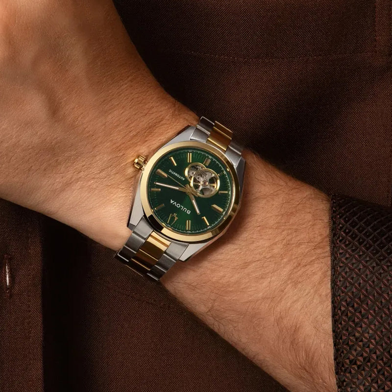 Bulova Two-Tone Surveyor Open Heart with Green Dial #98A338