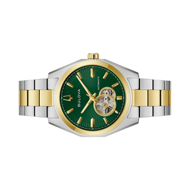Bulova Two-Tone Surveyor Open Heart with Green Dial #98A338