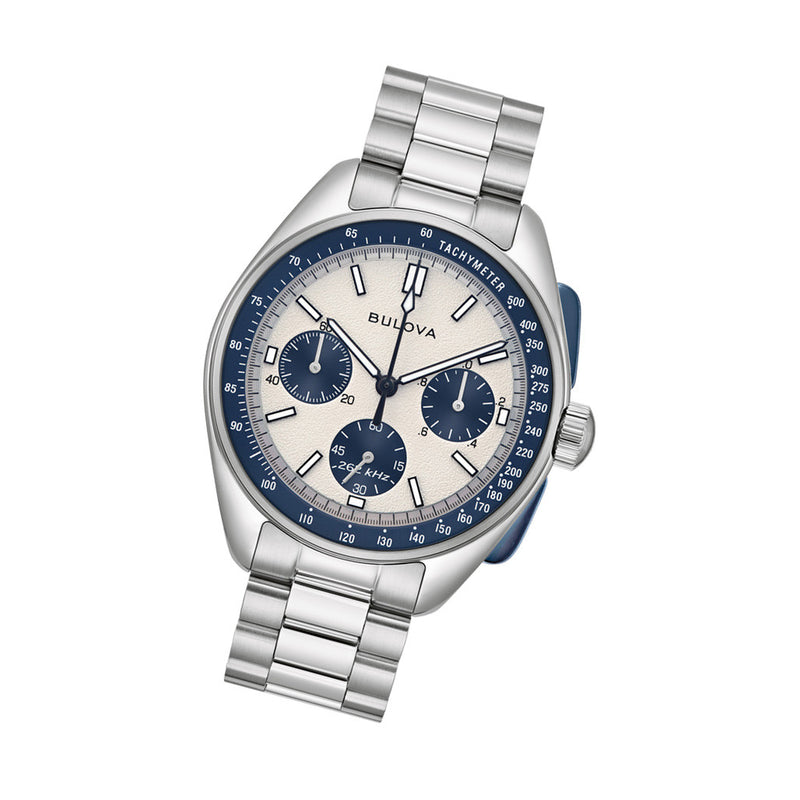 Bulova Lunar Pilot 43.5mm with White and Blue Dial and Stainless Steel Bracelet #98K112 tilt