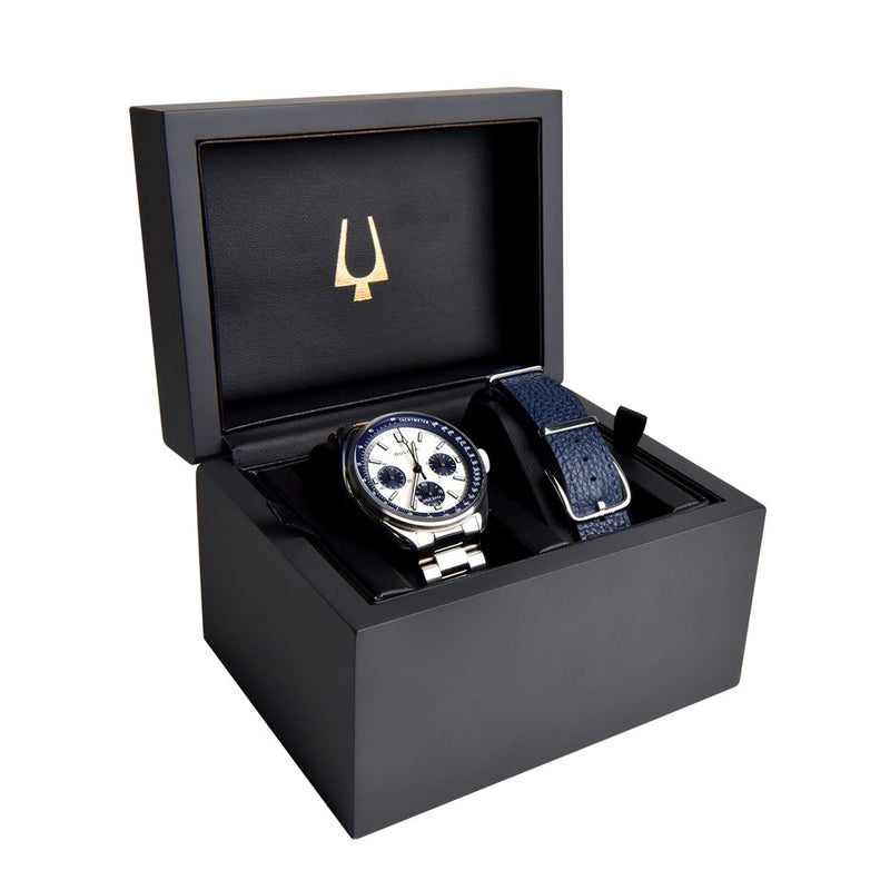 Bulova Lunar Pilot 43.5mm with White and Blue Dial and Stainless Steel Bracelet #98K112 box
