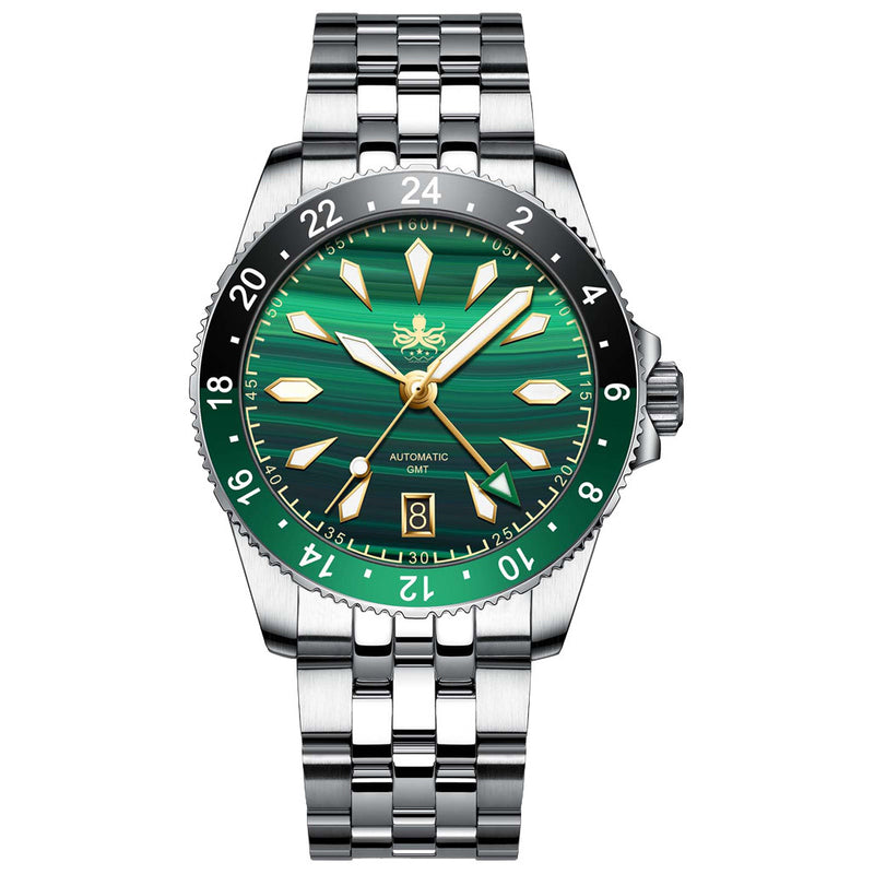 Phoibos Voyager GMT Automatic Watch with Green Malachite Dial #PY043A zoom