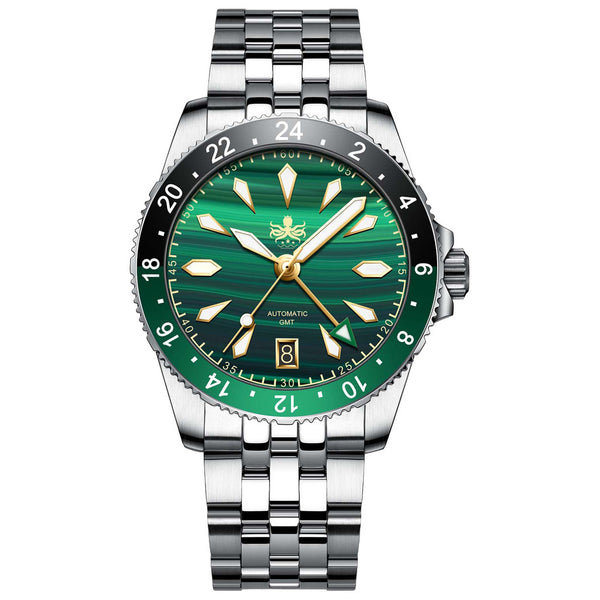 Phoibos Voyager GMT Automatic Watch with Green Malachite Dial #PY043A zoom