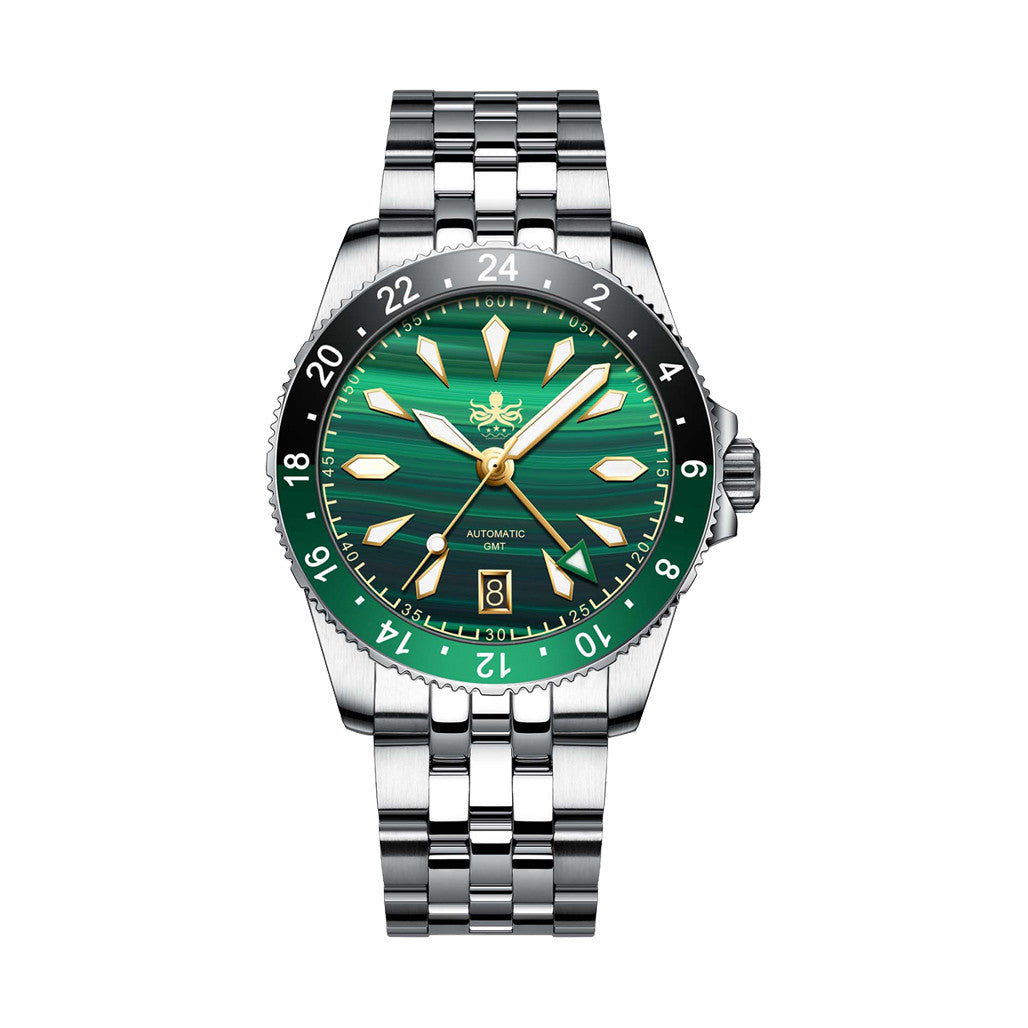 Phoibos Voyager GMT Automatic Watch with Green Malachite Dial