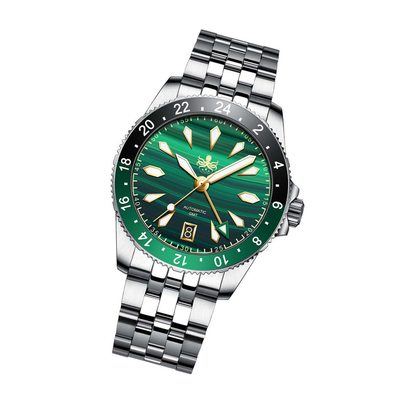 Phoibos Voyager GMT Automatic Watch with Green Malachite Dial #PY043A tilt