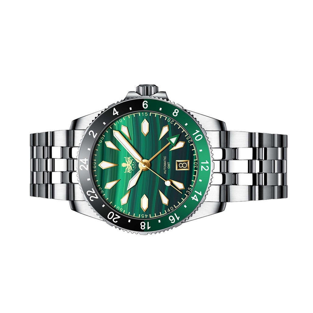 Phoibos Voyager GMT Automatic Watch with Green Malachite Dial