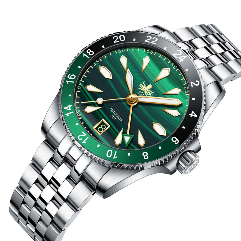Phoibos Voyager GMT Automatic Watch with Green Malachite Dial #PY043A tilt