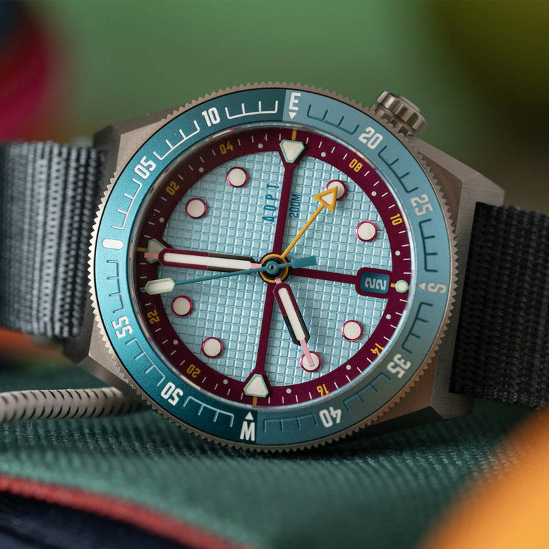 ADPT Series 1 GMT Titanium Field Watch with Aqua Berry Dial #ADPT-DT-AB