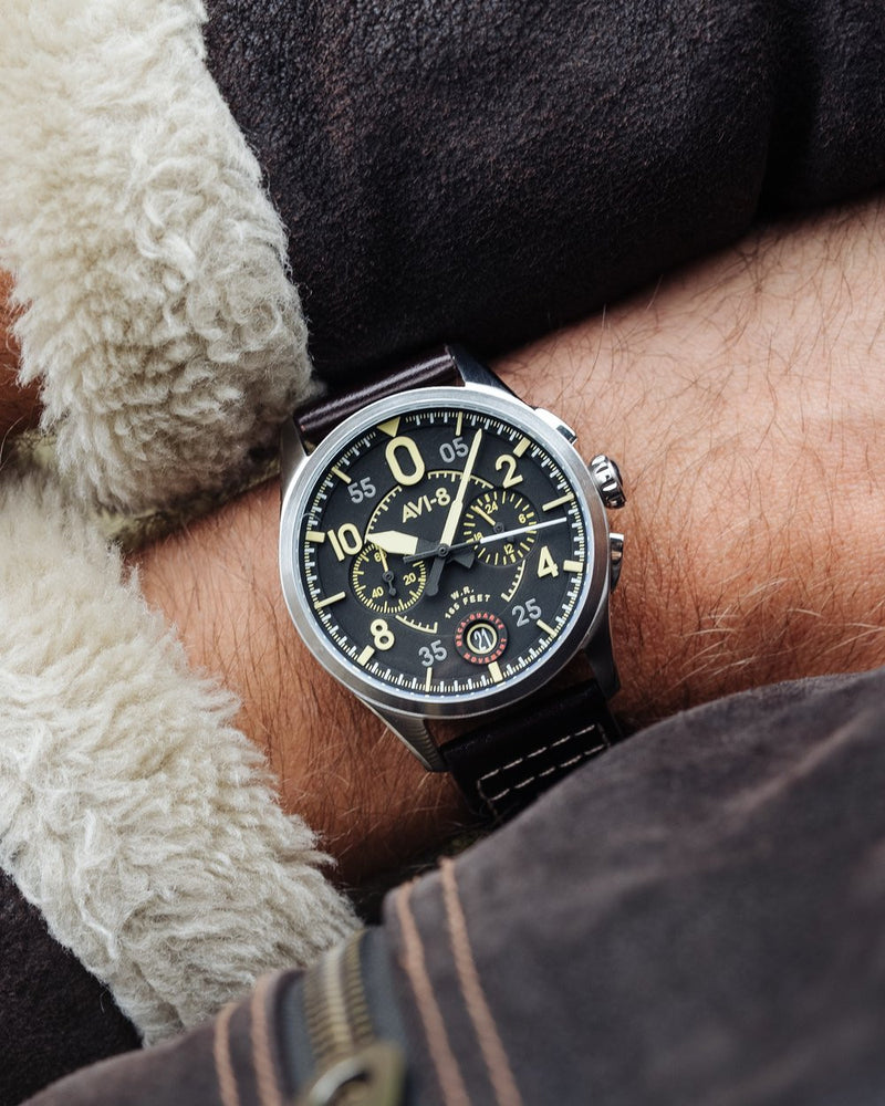 AVI-8 Spitfire Lock Chronograph, Midnight Oak, Japanese Meca-Quartz Chronograph, Black Dial, Leather Strap #AV-4089-01