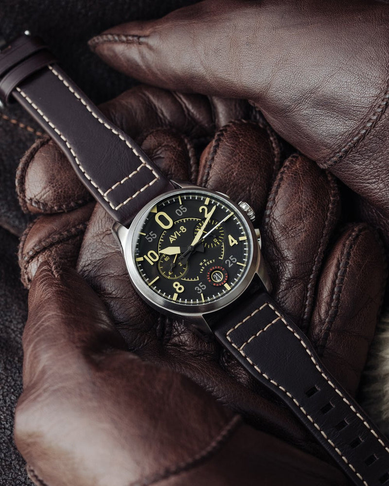 AVI-8 Spitfire Lock Chronograph, Midnight Oak, Japanese Meca-Quartz Chronograph, Black Dial, Leather Strap #AV-4089-01