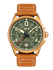 AVI-8 Spitfire Lock Chronograph, Bronze Green, Japanese Meca-Quartz Chronograph, Green Dial, Leather Strap #AV-4089-02
