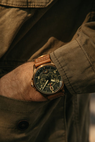Completing the timepiece is a comfortable, handcrafted genuine leather, vintage pilot-style strap that tapers from 22mm to 20mm.