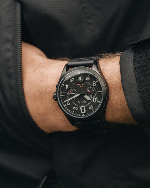 Fusing timeless and modern watchmaking aesthetics, the Lock features a clean, symmetrical and highly legible twin-register dial layout drawn from the details within the iconic Spitfire's cockpit gauges.