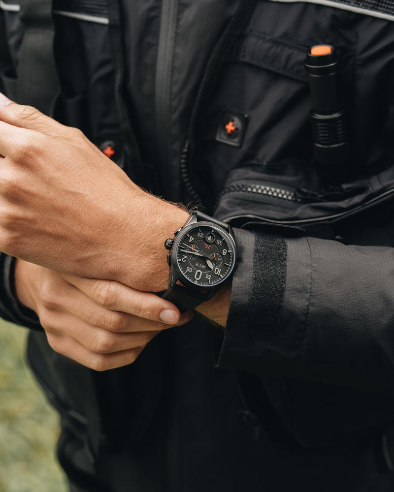 Powering the Lock is a tried and tested Japanese meca-quartz movement featuring a 1/5 split second readout with fly-back chronograph function, encapsulating the true art of modern watchmaking technology.