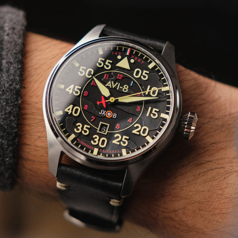 AVI-8 Hawker Hurricane Kenley Clowes Automatic Pilot Watch with Black Aged Dial #AV-4097-03 wrist