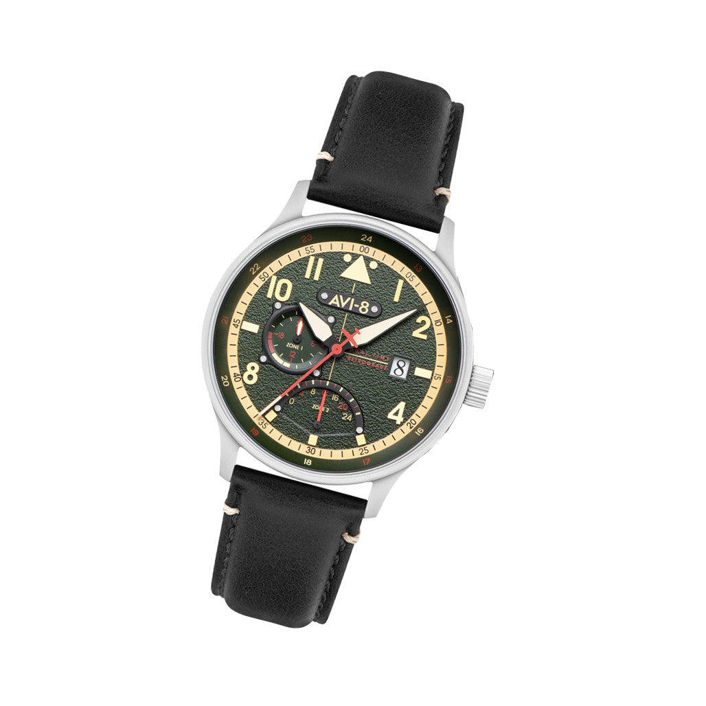 AVI-8 McKellar Dual Time Watch with Green Dial #AV-4101-0A — Long