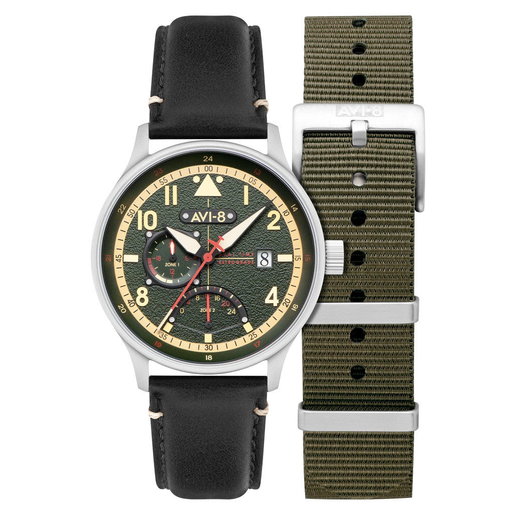 AVI-8 McKellar Dual Time Watch with Green Dial #AV-4101-0A — Long